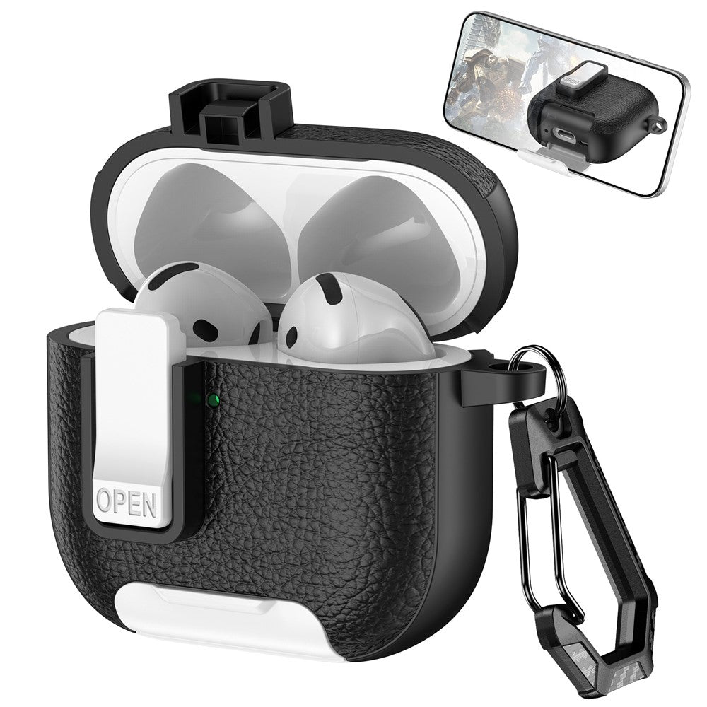 For AirPods 4 Case Leather Texture Lock Stand Design Earphone Protective Cover with Carabiner