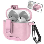 For AirPods 4 Case Leather Texture Lock Stand Design Earphone Protective Cover with Carabiner