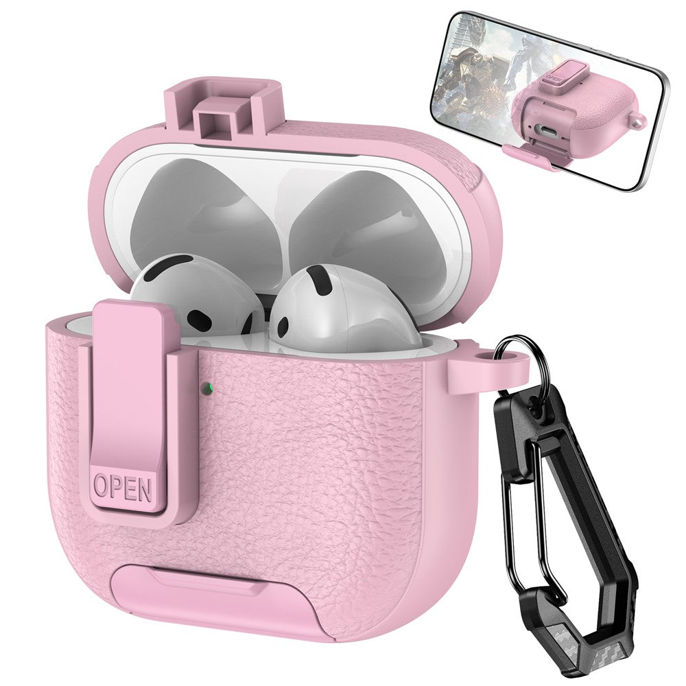 For AirPods 4 Case Leather Texture Lock Stand Design Earphone Protective Cover with Carabiner