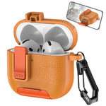 For AirPods 4 Case Leather Texture Lock Stand Design Earphone Protective Cover with Carabiner