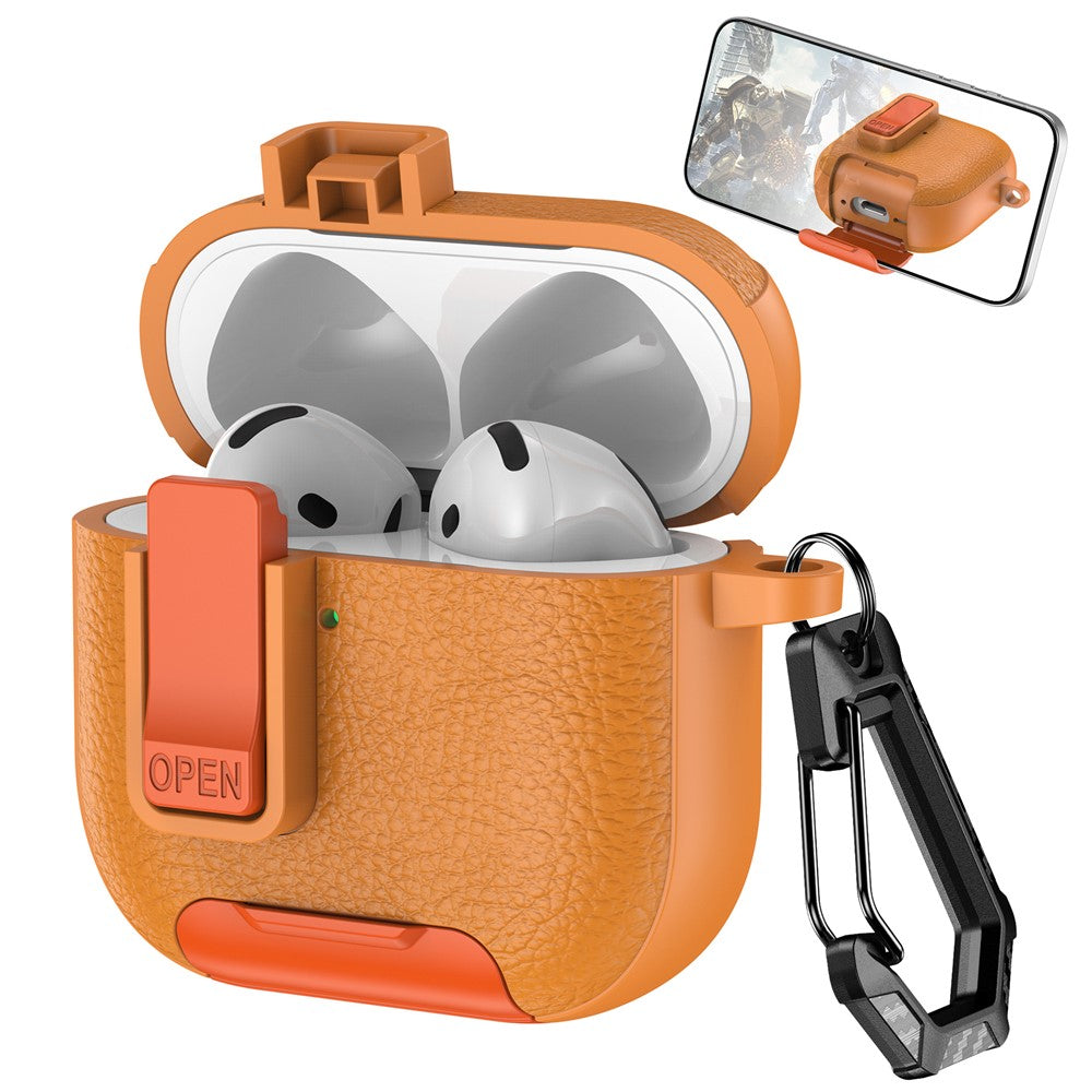 For AirPods 4 Case Leather Texture Lock Stand Design Earphone Protective Cover with Carabiner