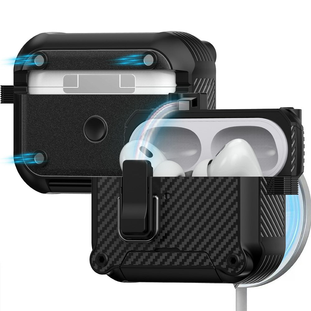 Til AirPods Pro 2 Øretelefoncover Carbon Fiber Tekstur Telefonholder TPU + PC Magnetisk Beskyttelsescover med Karabinhage
