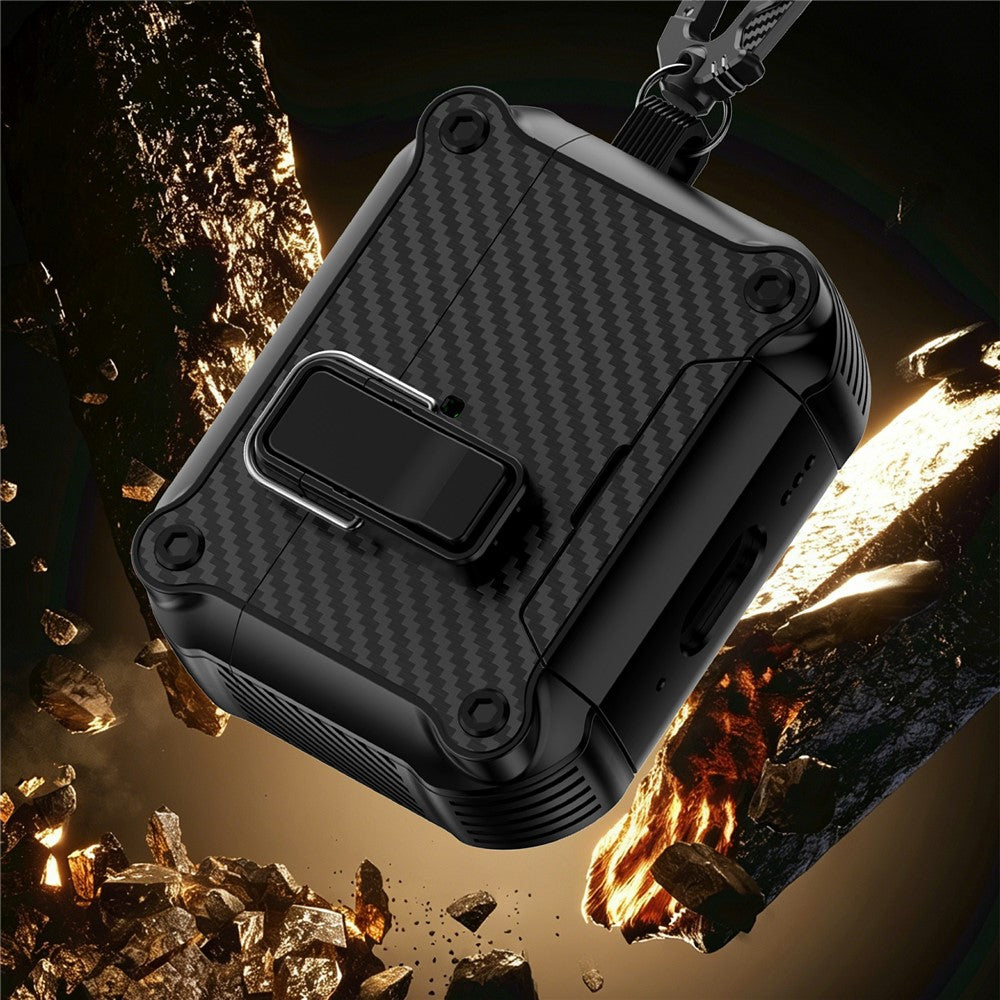 Til AirPods Pro 2 Øretelefoncover Carbon Fiber Tekstur Telefonholder TPU + PC Magnetisk Beskyttelsescover med Karabinhage