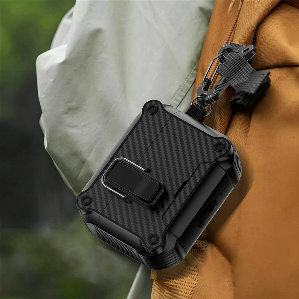 Til AirPods Pro 2 Øretelefoncover Carbon Fiber Tekstur Telefonholder TPU + PC Magnetisk Beskyttelsescover med Karabinhage