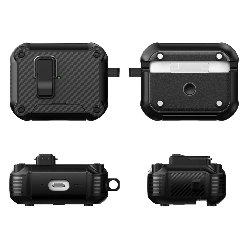 Til AirPods Pro 2 Øretelefoncover Carbon Fiber Tekstur Telefonholder TPU + PC Magnetisk Beskyttelsescover med Karabinhage