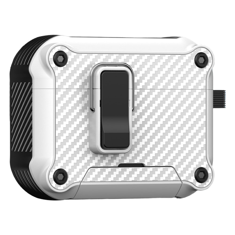 Til AirPods Pro 2 Øretelefoncover Carbon Fiber Tekstur Telefonholder TPU + PC Magnetisk Beskyttelsescover med Karabinhage