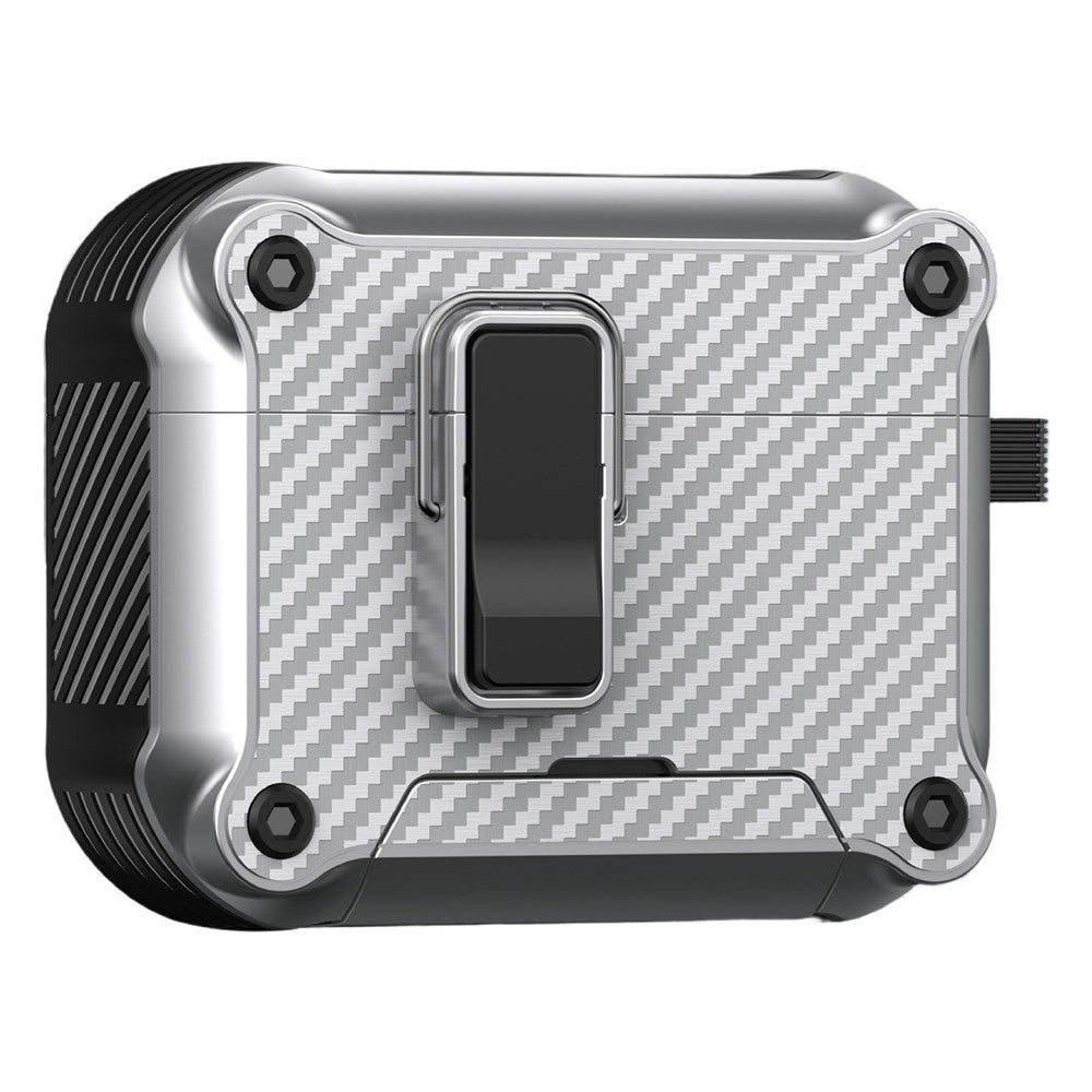 Til AirPods Pro 2 Øretelefoncover Carbon Fiber Tekstur Telefonholder TPU + PC Magnetisk Beskyttelsescover med Karabinhage