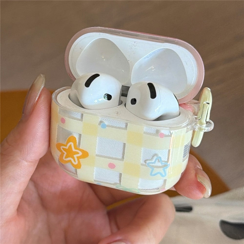 Til AirPods 3 Cover Gult Gitter Stjerne Mønster TPU Beskyttelsescover med Vedhængsspænde
