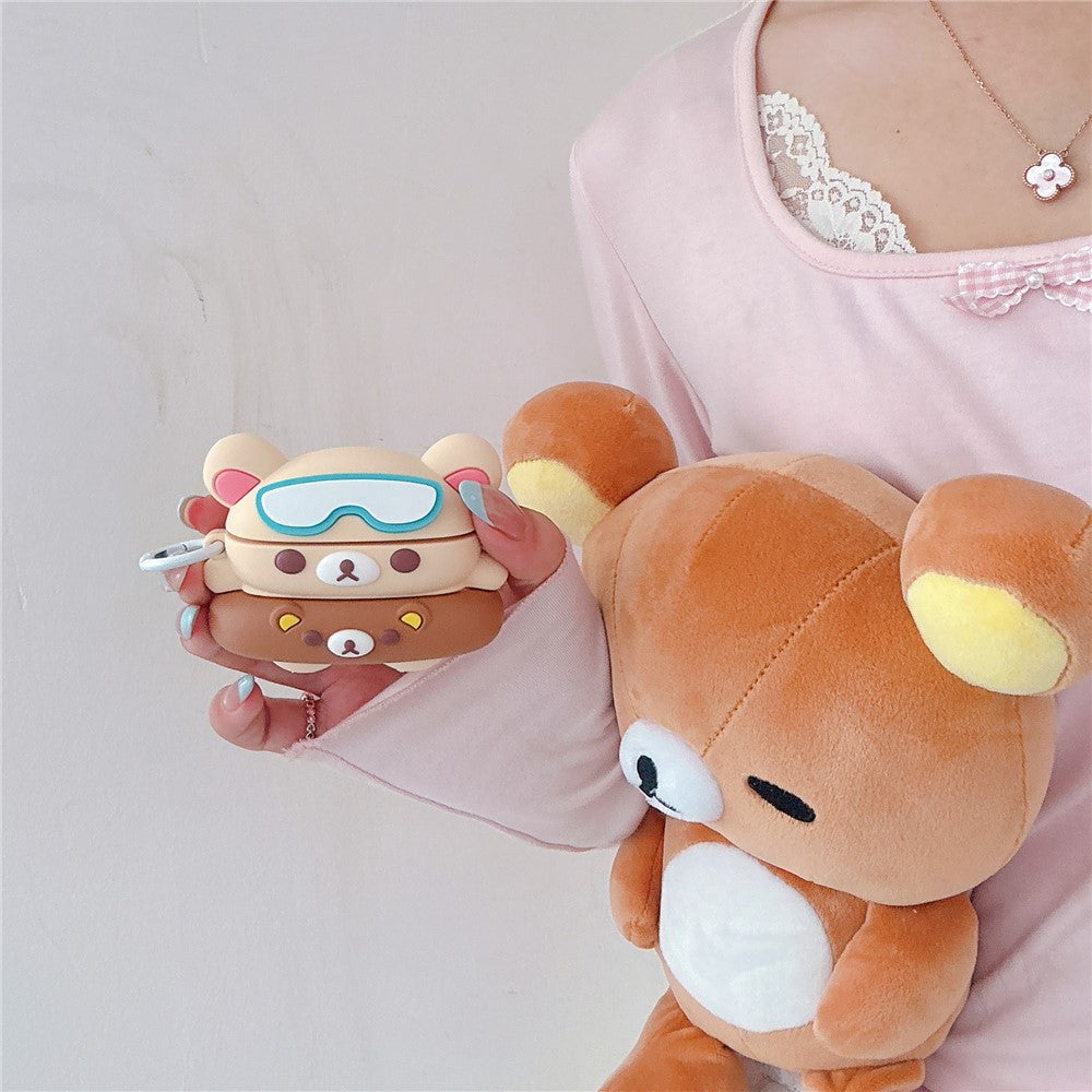 For AirPods Pro / Pro 2 Silicone Case Cartoon Swimming Ring Bear Earphone Protective Cover with Carabiner