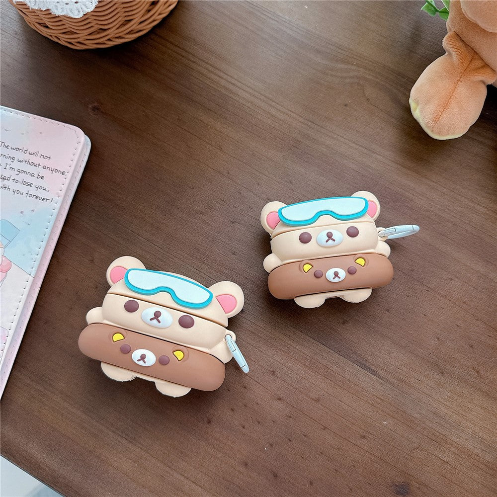 For AirPods Pro / Pro 2 Silicone Case Cartoon Swimming Ring Bear Earphone Protective Cover with Carabiner