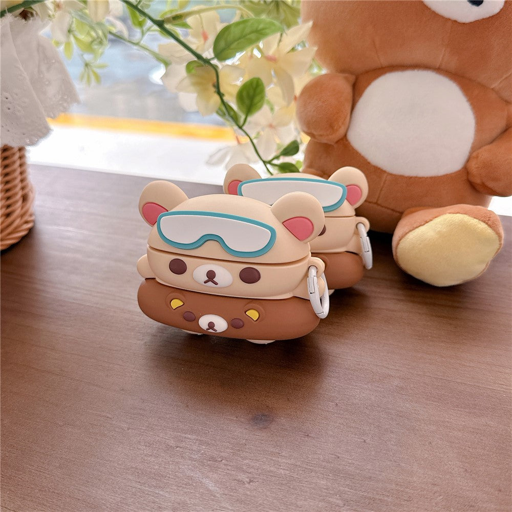 For AirPods Pro / Pro 2 Silicone Case Cartoon Swimming Ring Bear Earphone Protective Cover with Carabiner