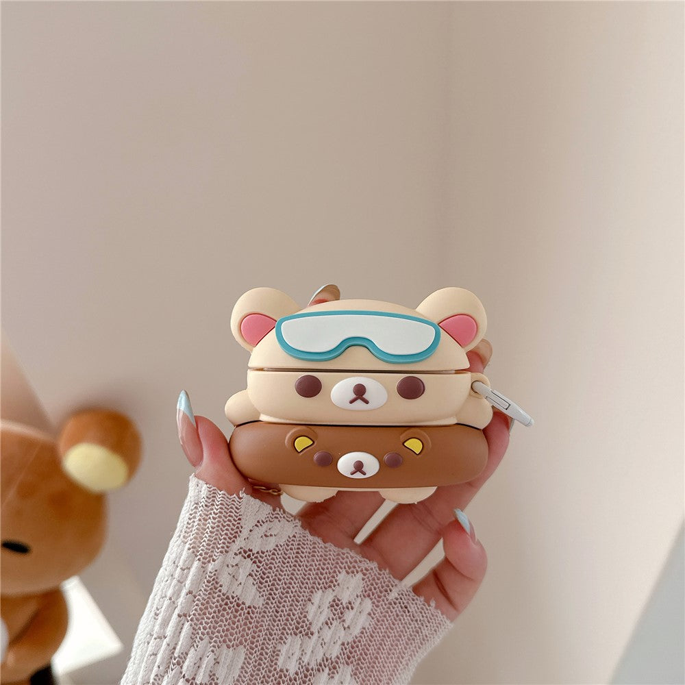 For AirPods Pro 3 Silicone Case Cartoon Swimming Ring Bear Earphone Protective Cover with Carabiner