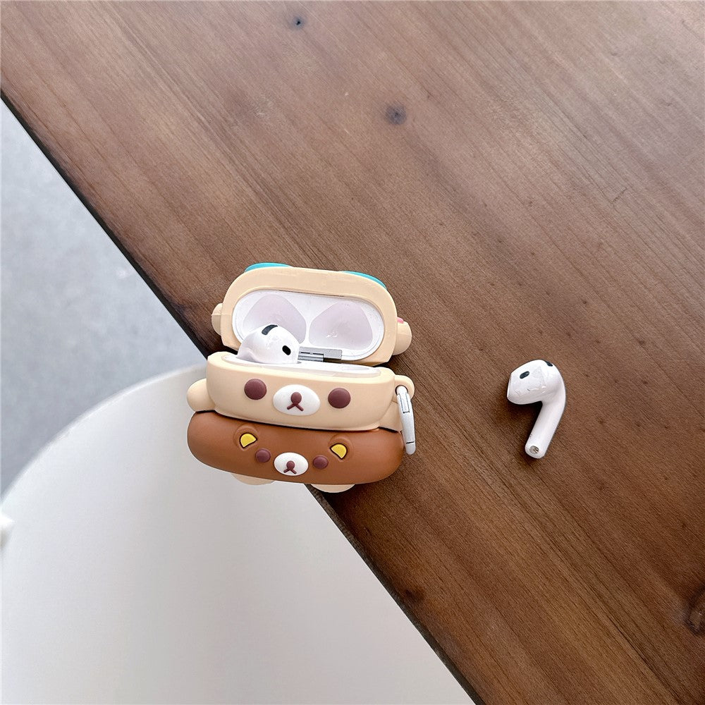 For AirPods 4 Silicone Case Cartoon Swimming Ring Bear Earphone Protective Cover with Carabiner