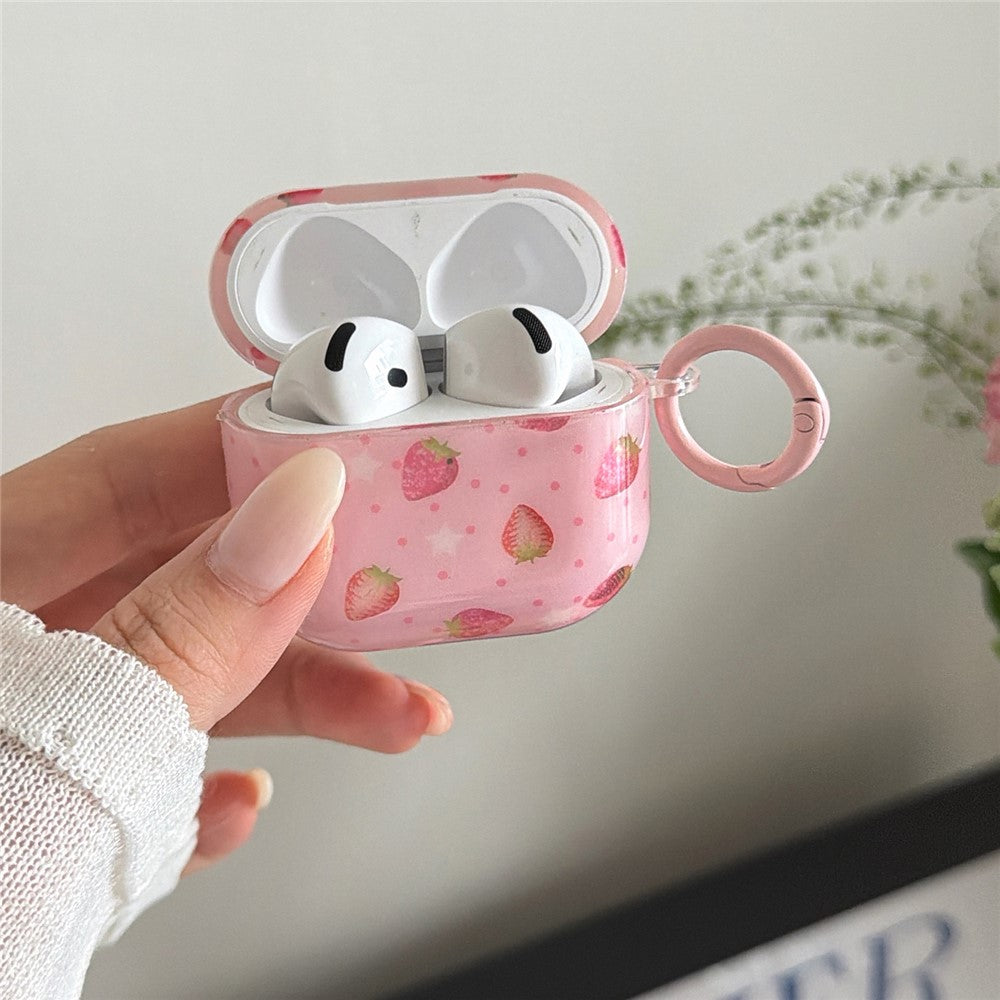 Til AirPods 4 Etui Jordbærmønster TPU Høretelefon Beskyttelsescover med Karabinhage