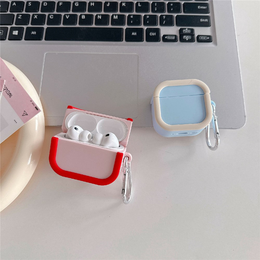 Silicone Case for Apple AirPods 4 Charging Case Macaron Color Blocking Protective Cover with Metal Carabiner
