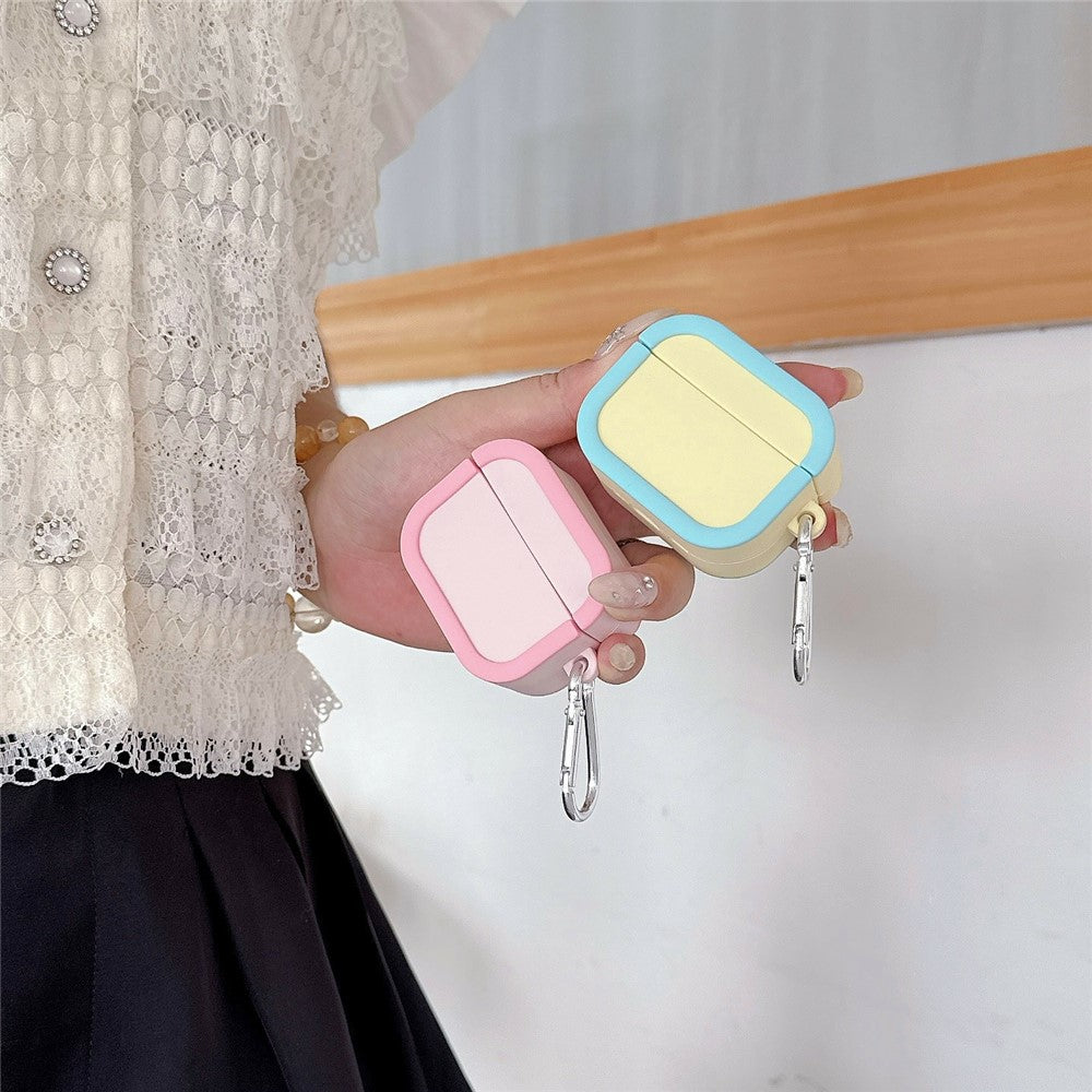 Silicone Case for Apple AirPods 4 Charging Case Macaron Color Blocking Protective Cover with Metal Carabiner