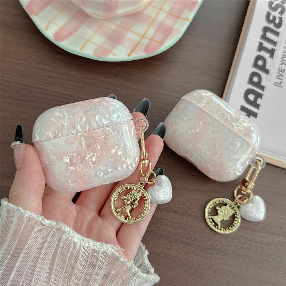 For AirPods Pro Protective Case Pearlescent Shell Texture TPU Earphone Cover with Heart Pendant Charm