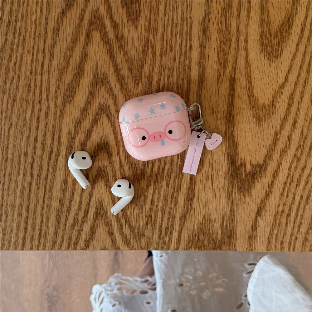 Til Apple AirPods 4 TPU-etui Tegneseriegris med briller Stødresistent beskyttende cover med vedhæng og spænde