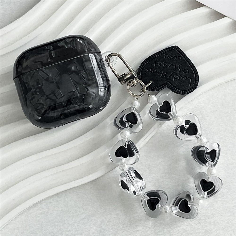 For AirPods 4 Protective Case Black Shell Texture TPU Earphone Cover with Heart Beaded Wrist Strap Chain