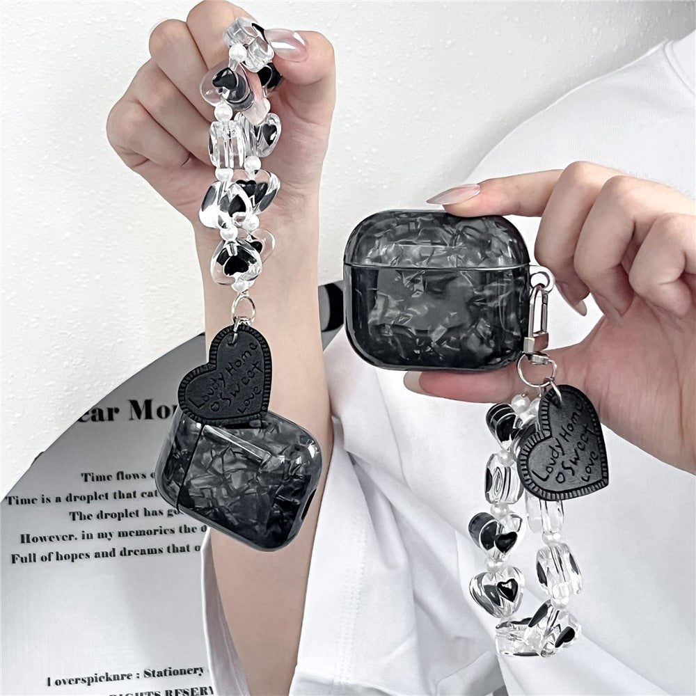 For AirPods 4 Protective Case Black Shell Texture TPU Earphone Cover with Heart Beaded Wrist Strap Chain