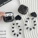 For AirPods 4 Protective Case Black Shell Texture TPU Earphone Cover with Heart Beaded Wrist Strap Chain