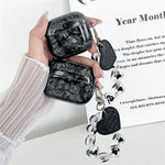 For AirPods 4 Protective Case Black Shell Texture TPU Earphone Cover with Heart Beaded Wrist Strap Chain