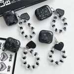 For AirPods 4 Protective Case Black Shell Texture TPU Earphone Cover with Heart Beaded Wrist Strap Chain