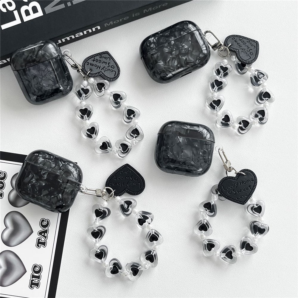 For AirPods 4 Protective Case Black Shell Texture TPU Earphone Cover with Heart Beaded Wrist Strap Chain