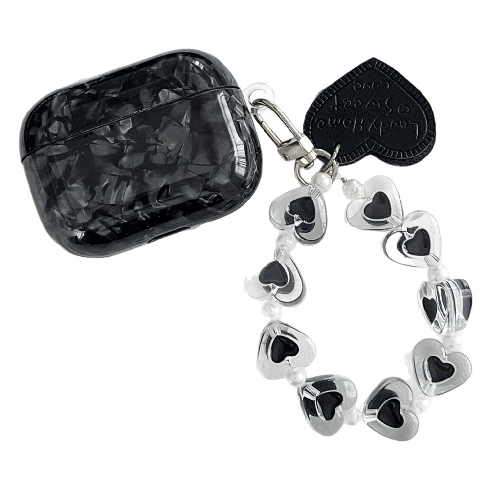 For AirPods Pro Protective Case Black Shell Texture TPU Earphone Cover with Heart Beaded Wrist Strap Chain