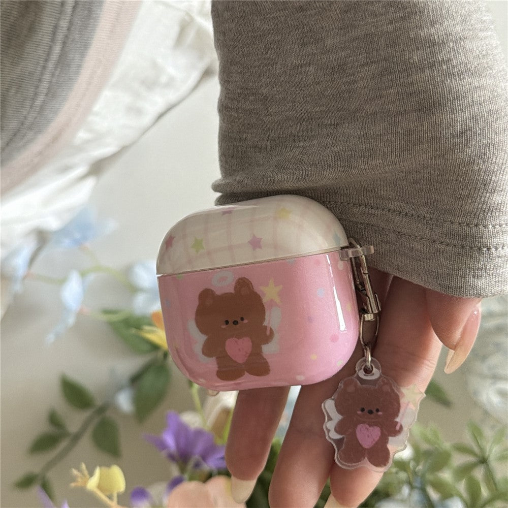 For AirPods Pro 3 Protective Case Brown Bear Cartoon Pattern TPU Earphone Cover with Buckle Keychain + Pendant