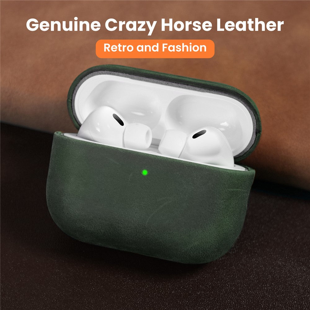 AHASTYLE BO09-P2-etui til AirPods Pro 2 med Crazy Horse-tekstur i ægte okselæder, stødsikkert cover og aftagelig snor