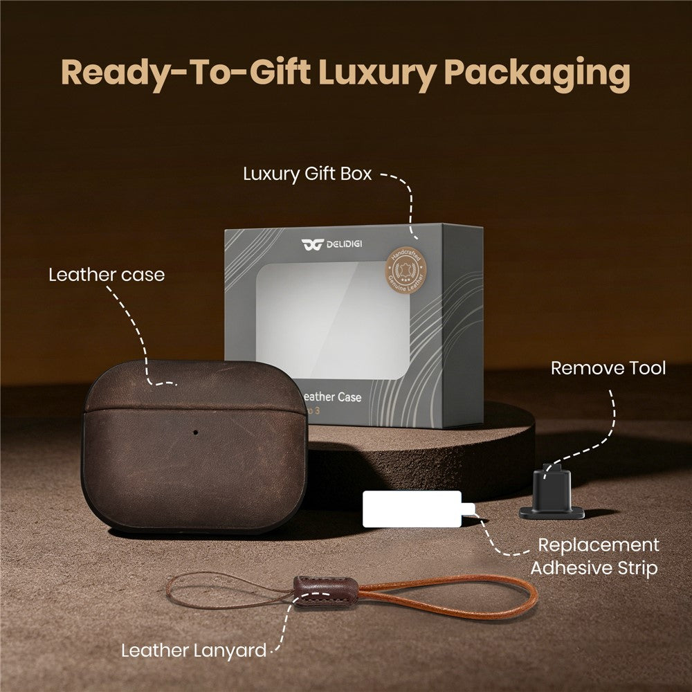 DELIDIGI DD14 For AirPods Pro 3 Case Leather Coated PC Earphone Cover with Magnetic Lid and Lanyard