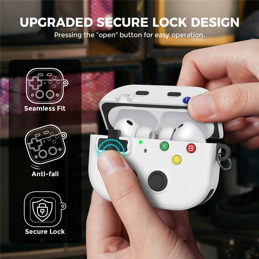 AHASTYLE WG185 til AirPods Pro 3 silikoneetui spilkonsol-stil sikkert lås øretelefoncover med metalkarabinhage og rensepen