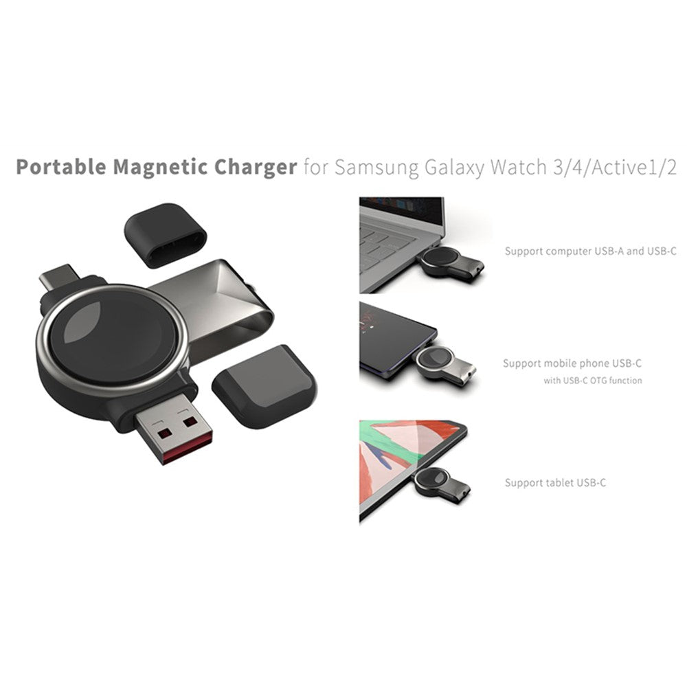 T304-S USB+Type-C 2-i-1 Magnetisk Trådløs Hurtigoplader til Samsung Galaxy Watch 3 4/Galaxy Watch Active 1 2