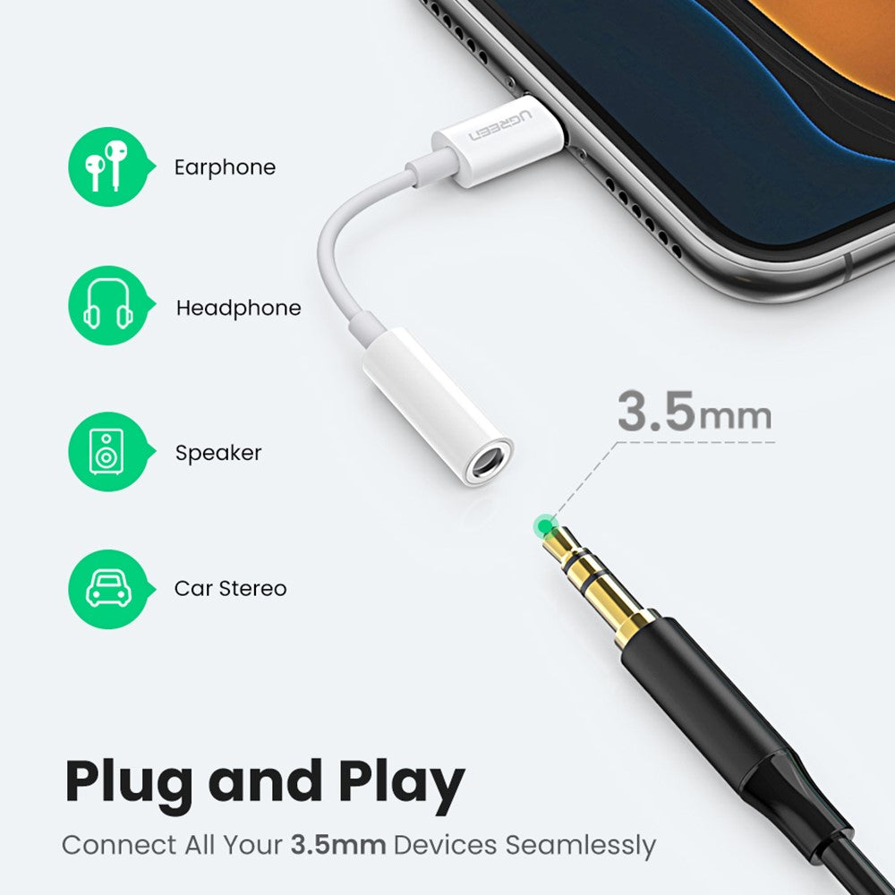UGREEN til iPhone 13 12 MFI Lightning til 3,5 mm lydadapterkabel Hovedtelefonkonverter
