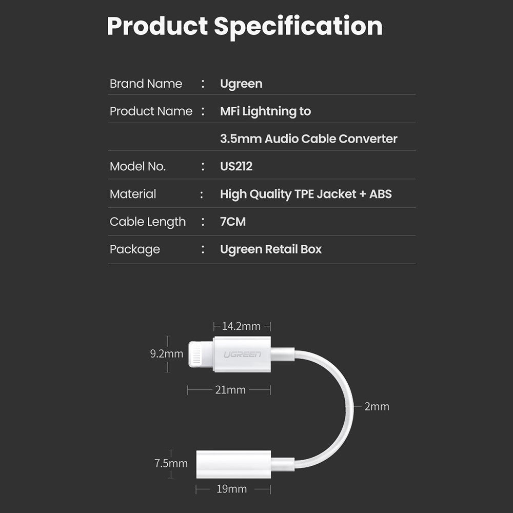 UGREEN til iPhone 13 12 MFI Lightning til 3,5 mm lydadapterkabel Hovedtelefonkonverter