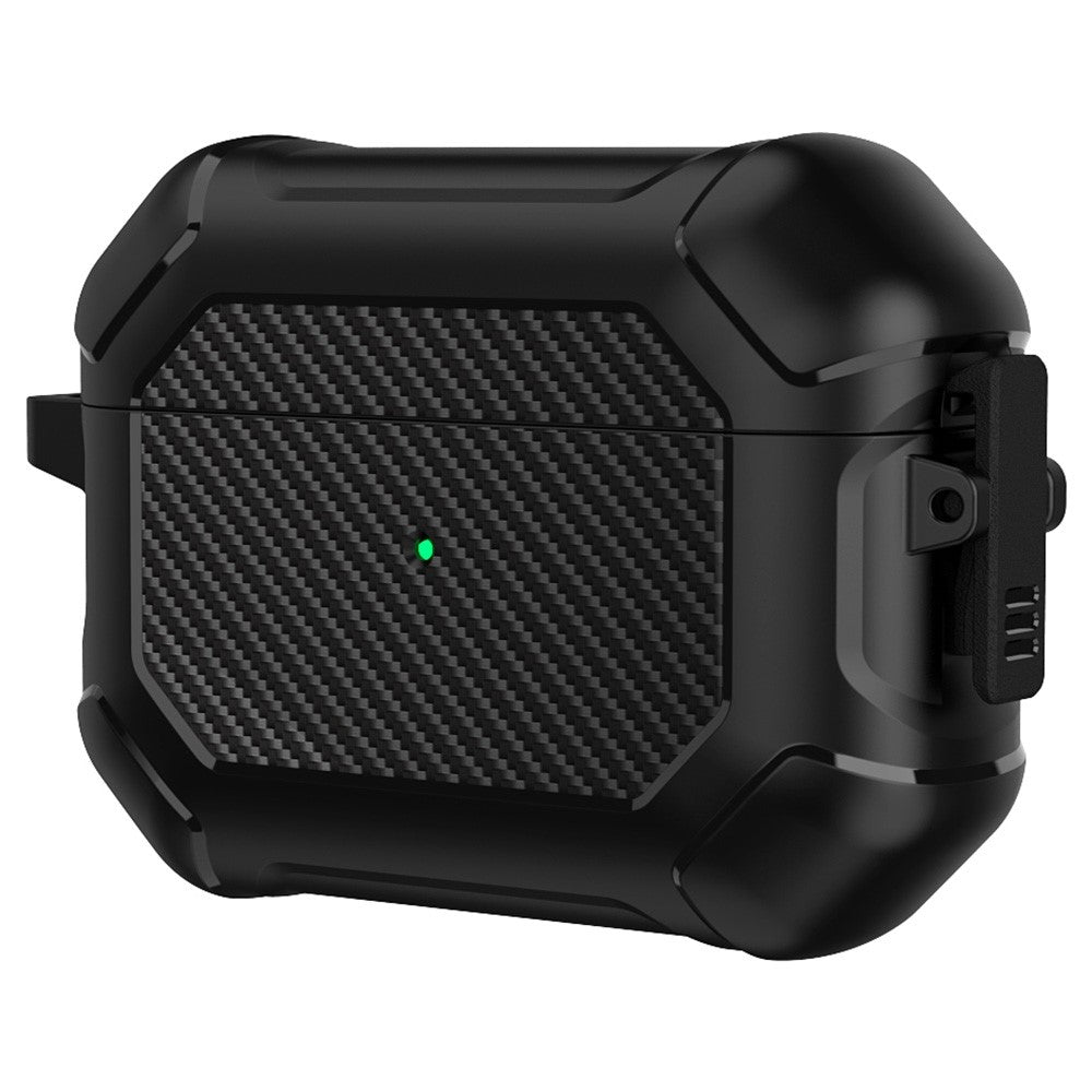 Til Apple AirPods Pro Carbon Fiber Anti-Drop Etui Bærbare Bluetooth-kompatible Høretelefoner Blødt TPU+PC Cover med Spænde