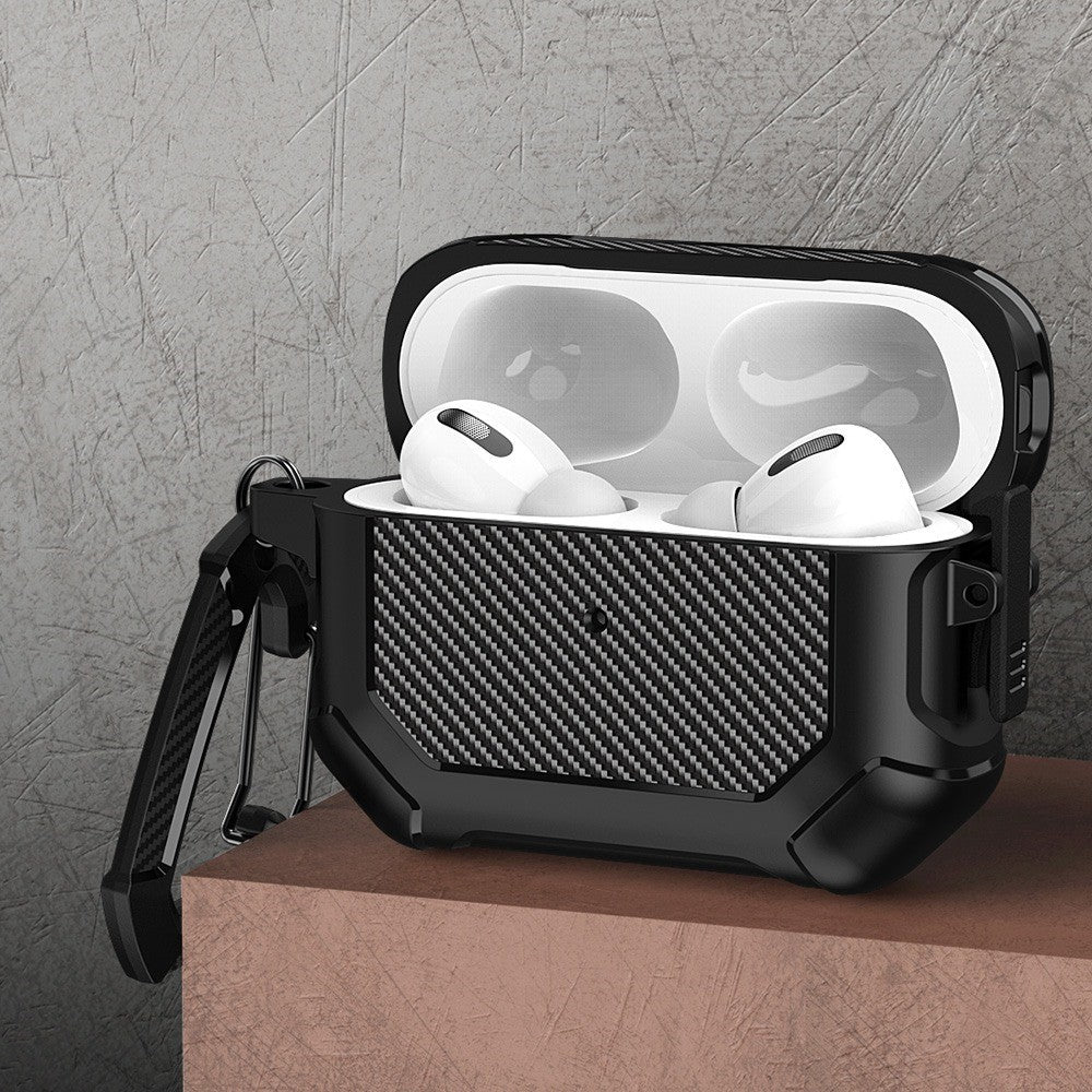 Til Apple AirPods Pro Carbon Fiber Anti-Drop Etui Bærbare Bluetooth-kompatible Høretelefoner Blødt TPU+PC Cover med Spænde