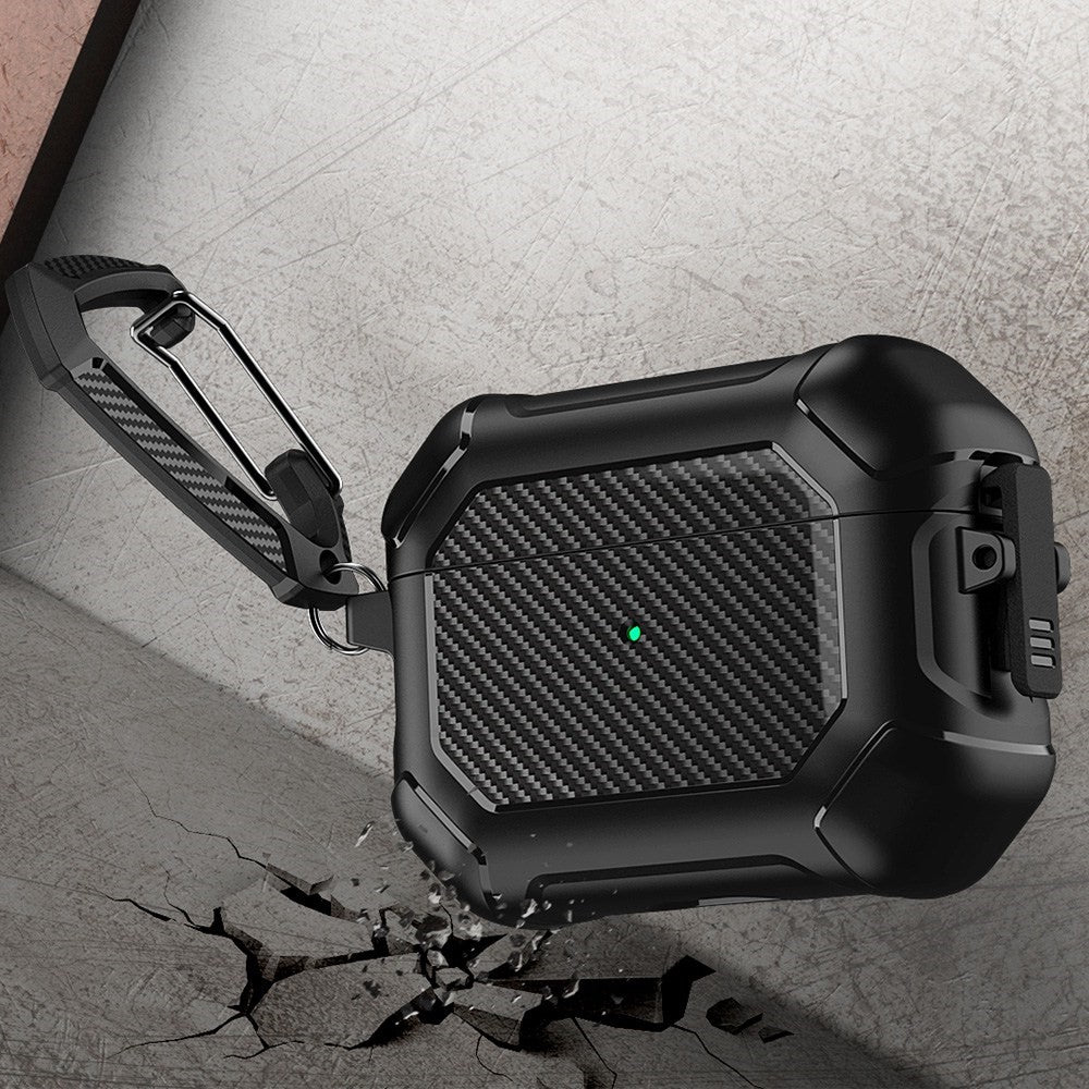 Til Apple AirPods Pro Carbon Fiber Anti-Drop Etui Bærbare Bluetooth-kompatible Høretelefoner Blødt TPU+PC Cover med Spænde