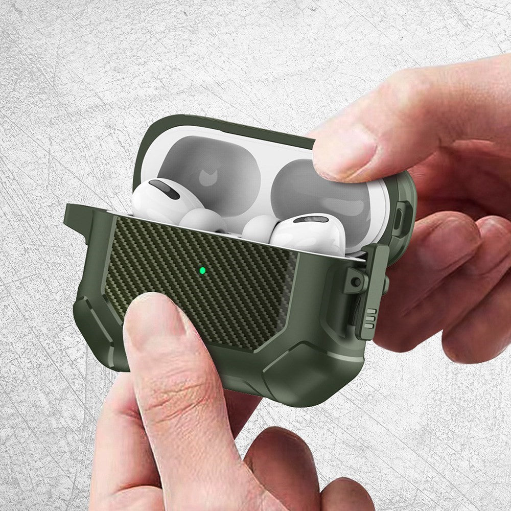 Til Apple AirPods Pro Carbon Fiber Anti-Drop Etui Bærbare Bluetooth-kompatible Høretelefoner Blødt TPU+PC Cover med Spænde