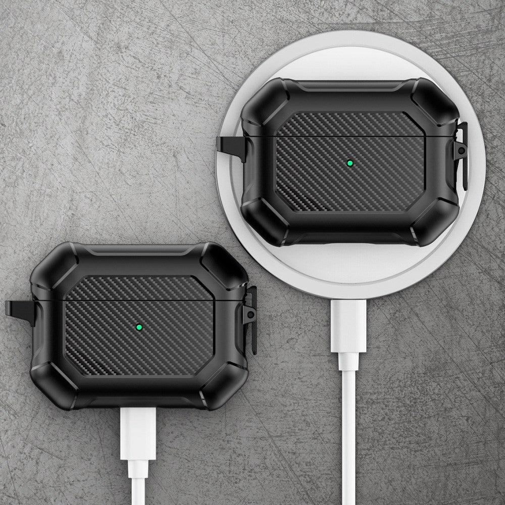 Til Apple AirPods Pro Carbon Fiber Anti-Drop Etui Bærbare Bluetooth-kompatible Høretelefoner Blødt TPU+PC Cover med Spænde