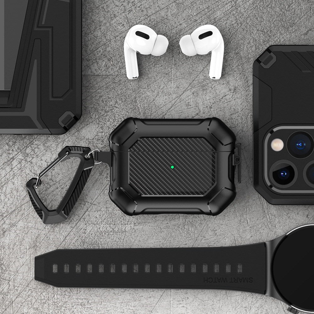 Til Apple AirPods Pro Carbon Fiber Anti-Drop Etui Bærbare Bluetooth-kompatible Høretelefoner Blødt TPU+PC Cover med Spænde