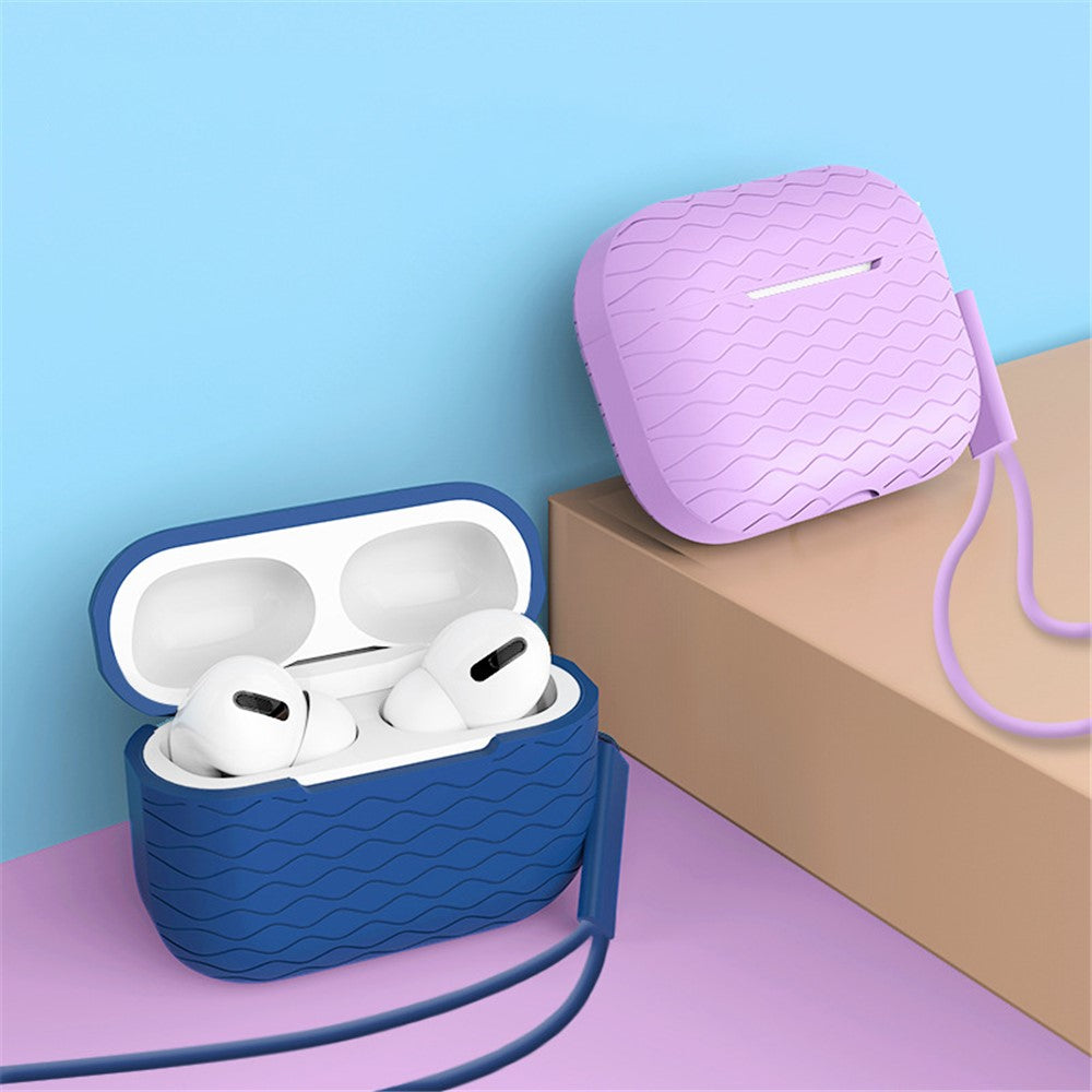 For AirPods Pro 2 Wavy Texture Earphone Case Soft Silicone Anti-Scratch Protective Cover Skin Shell with Strap
