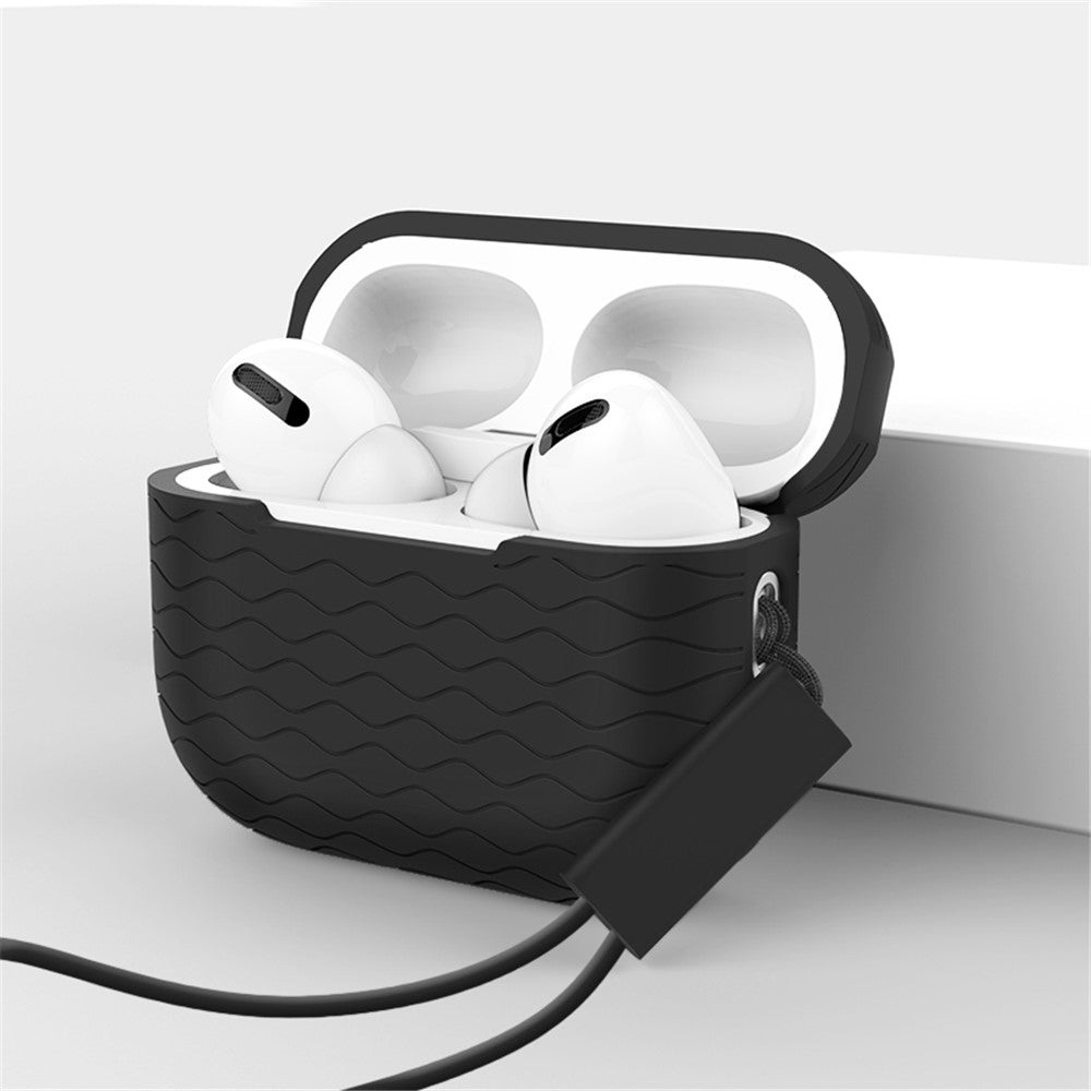 For AirPods Pro 2 Wavy Texture Earphone Case Soft Silicone Anti-Scratch Protective Cover Skin Shell with Strap