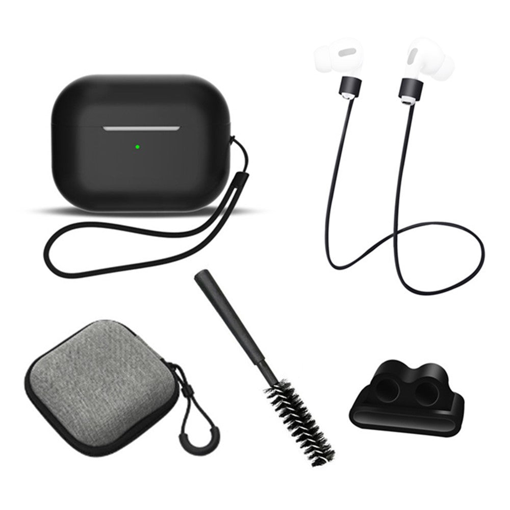 Til AirPods Pro 2 6-i-1 Silikone Beskyttelsescover + Anti-tabt Snor + Opbevaringsetui + Børste + Urremsholder til Øretelefoner + Håndrem