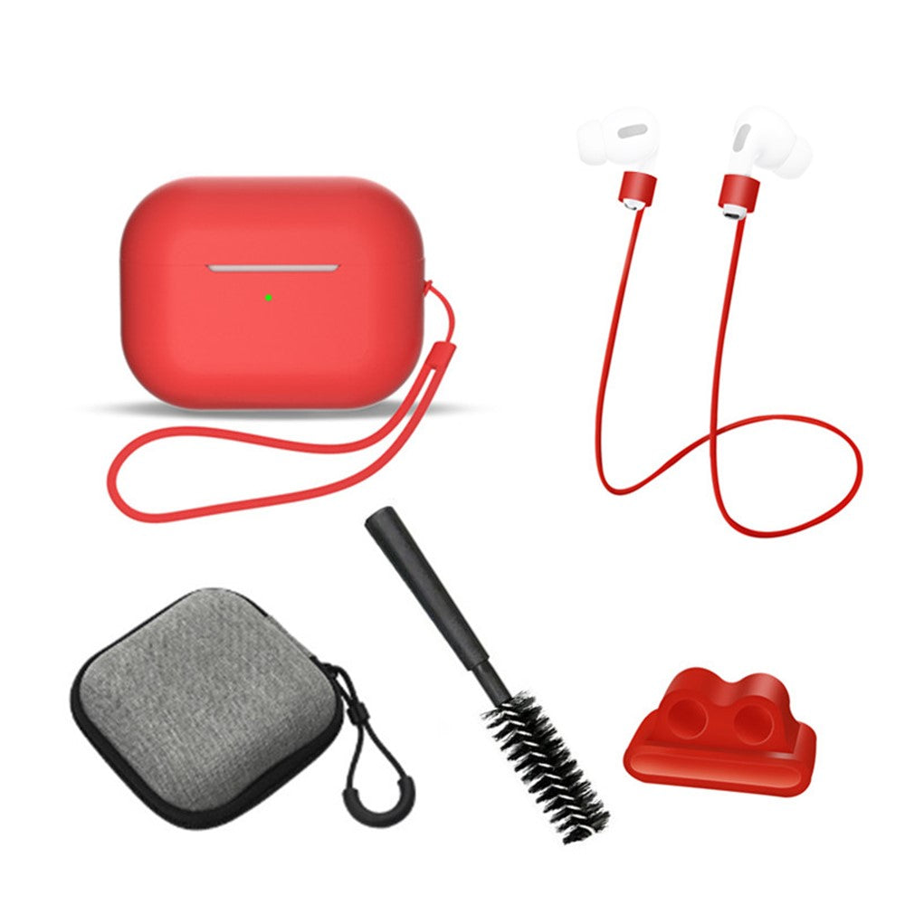 Til AirPods Pro 2 6-i-1 Silikone Beskyttelsescover + Anti-tabt Snor + Opbevaringsetui + Børste + Urremsholder til Øretelefoner + Håndrem