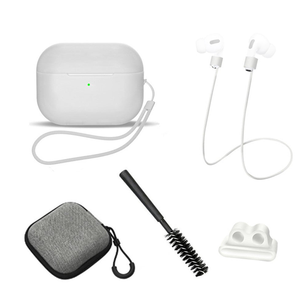 Til AirPods Pro 2 6-i-1 Silikone Beskyttelsescover + Anti-tabt Snor + Opbevaringsetui + Børste + Urremsholder til Øretelefoner + Håndrem