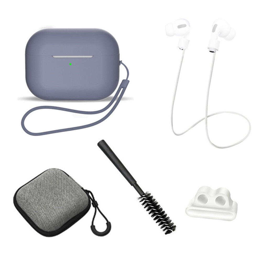 Til AirPods Pro 2 6-i-1 Silikone Beskyttelsescover + Anti-tabt Snor + Opbevaringsetui + Børste + Urremsholder til Øretelefoner + Håndrem