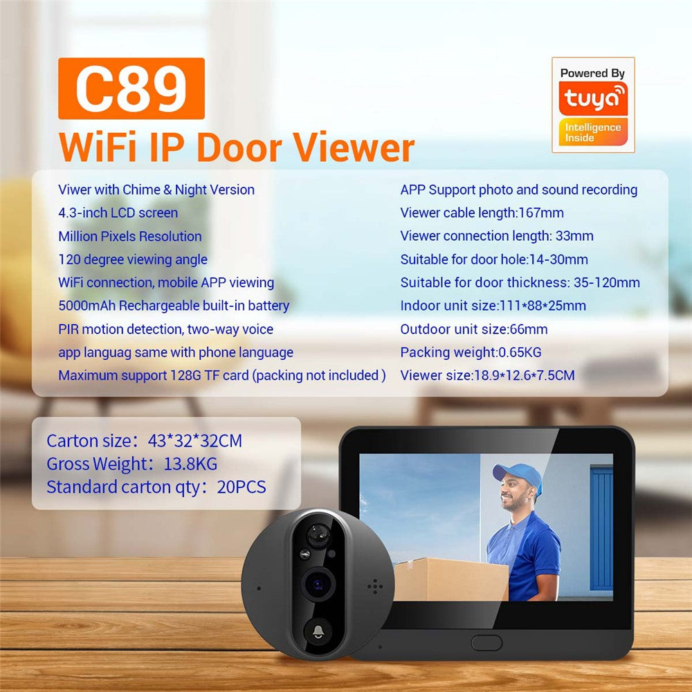 C89 4,3-tommers skærm, 1080P-videodørtelefon med dørklokke, nattesyn, PIR-kamera og WiFi-smartdørklokke, understøtter Tuya-appen