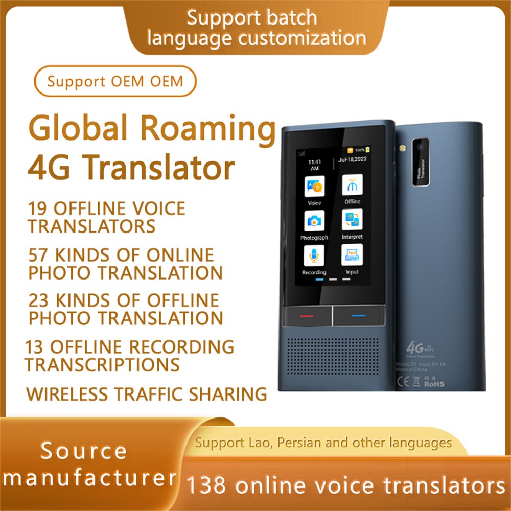 Z6 4G Smart Voice Translator Supporting 138 Languages Two-Way Simultaneous Interpretation Device